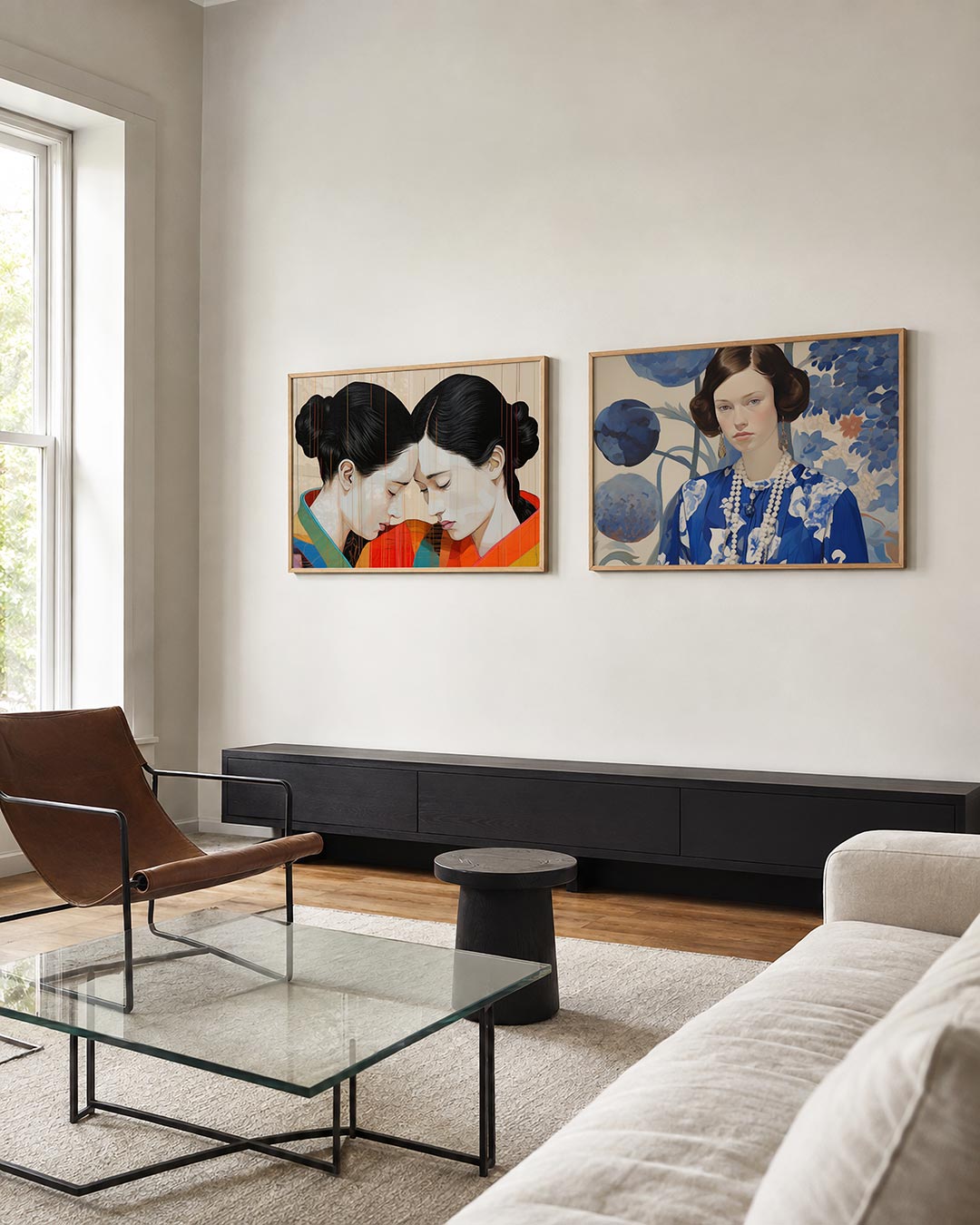 Twee liggende posters met twee figuren met gesloten ogen, hun hoofden zachtjes tegen elkaar, aan de muur in een interieur