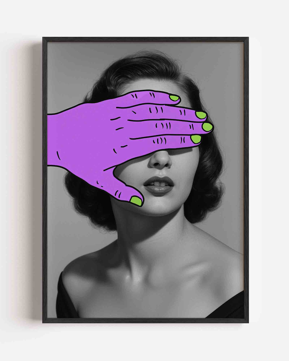 Paarse hand over gezicht – Pop Art en Streetart portret poster als wanddecoratie