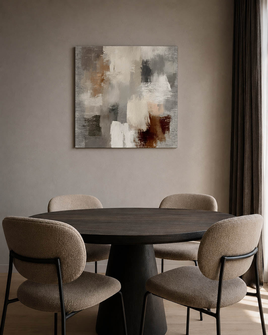 Neutrale kleurenmix kunstwerk – tweede productweergave – dit werk toont een dynamische mix van beige, grijs en bruin. De