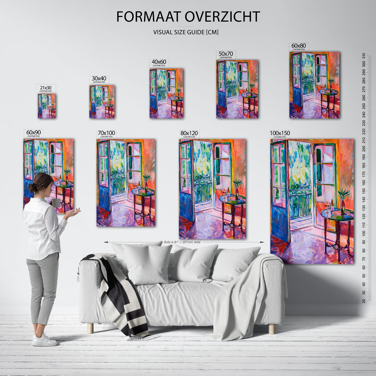 Open deuren met tafel – staande muurposter met kleurrijke illustratie