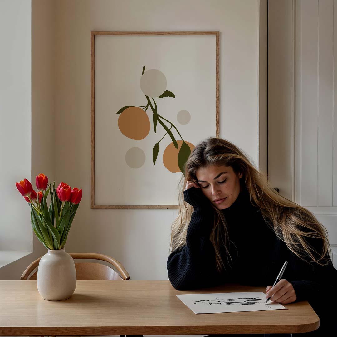 Minimalistische Oranje Citrus – bloemen poster in staand formaat