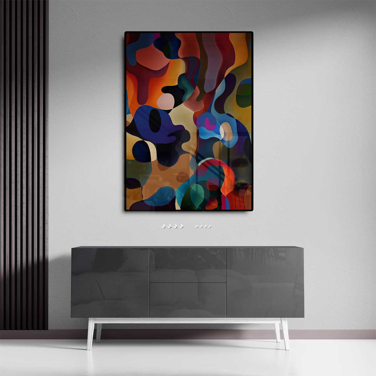 Kleurrijke Dans van Abstracte Vormen – dibond wanddecoratie in staand formaat