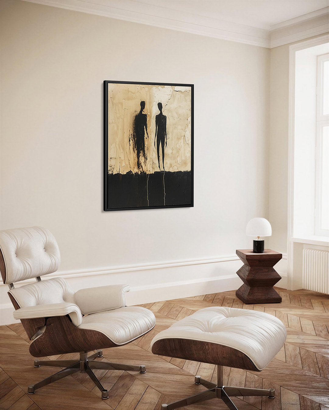 Schaduwfiguren op beige – decoratief kunstwerk voor aan de muur