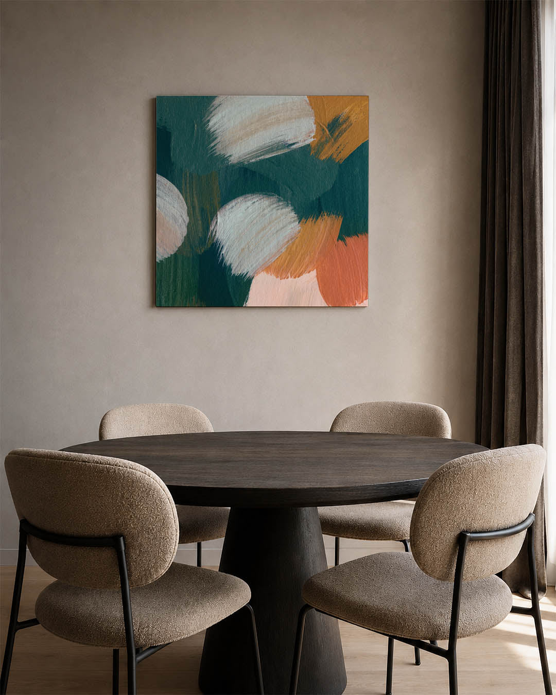 Kleurencompositie kunstwerk – derde productweergave – dit werk toont een levendige mix van penseelstreken in blauw, oranje en