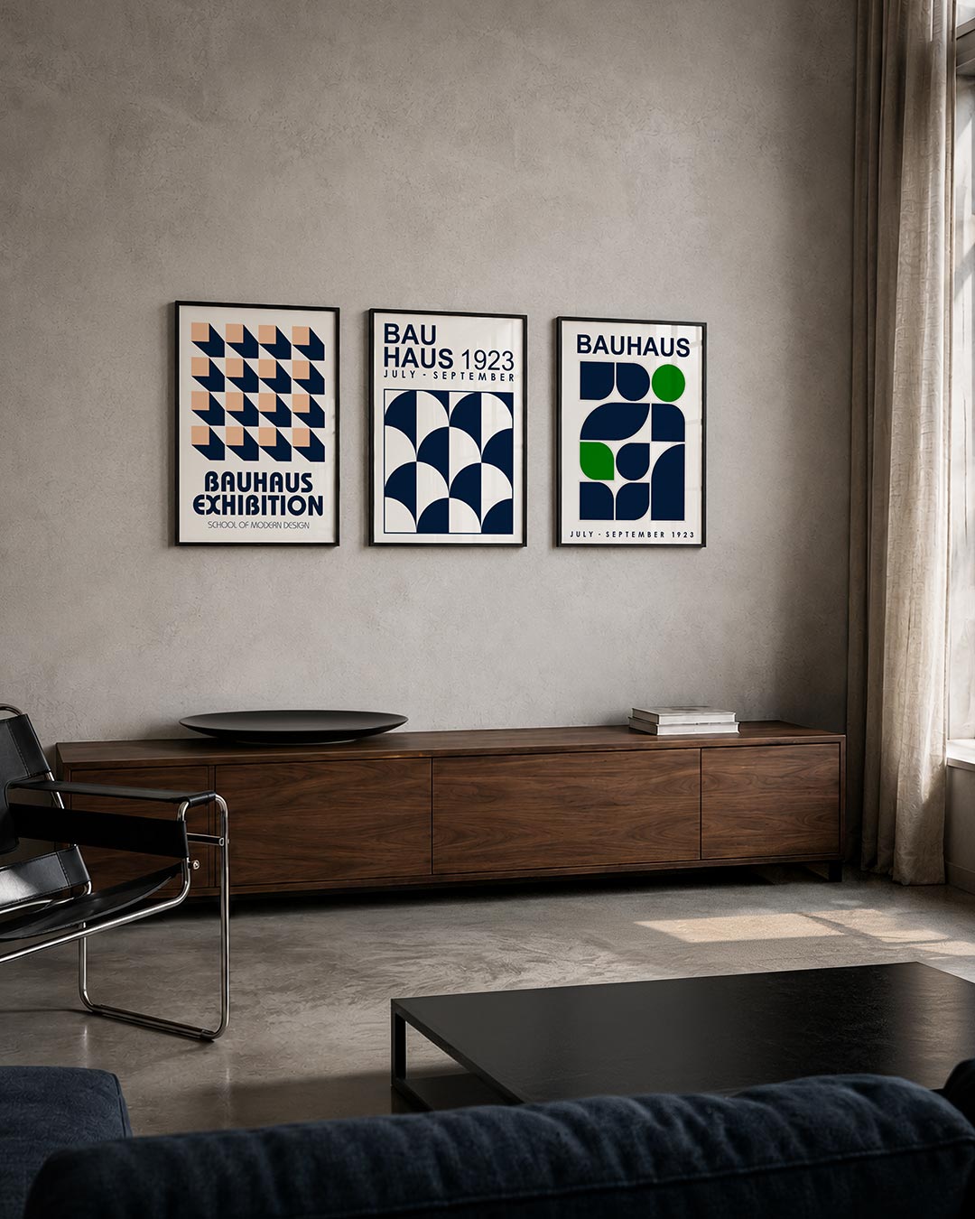 Vorm en schaduw posterset – tweede productweergave – deze posterset in drie delen toont een ritmisch patroon van vierkante