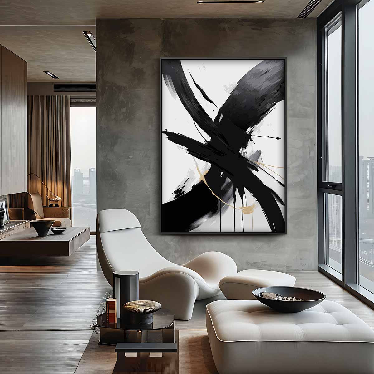 Dynamisch Zwart-Wit Abstract – canvas wanddecoratie in portret formaat
