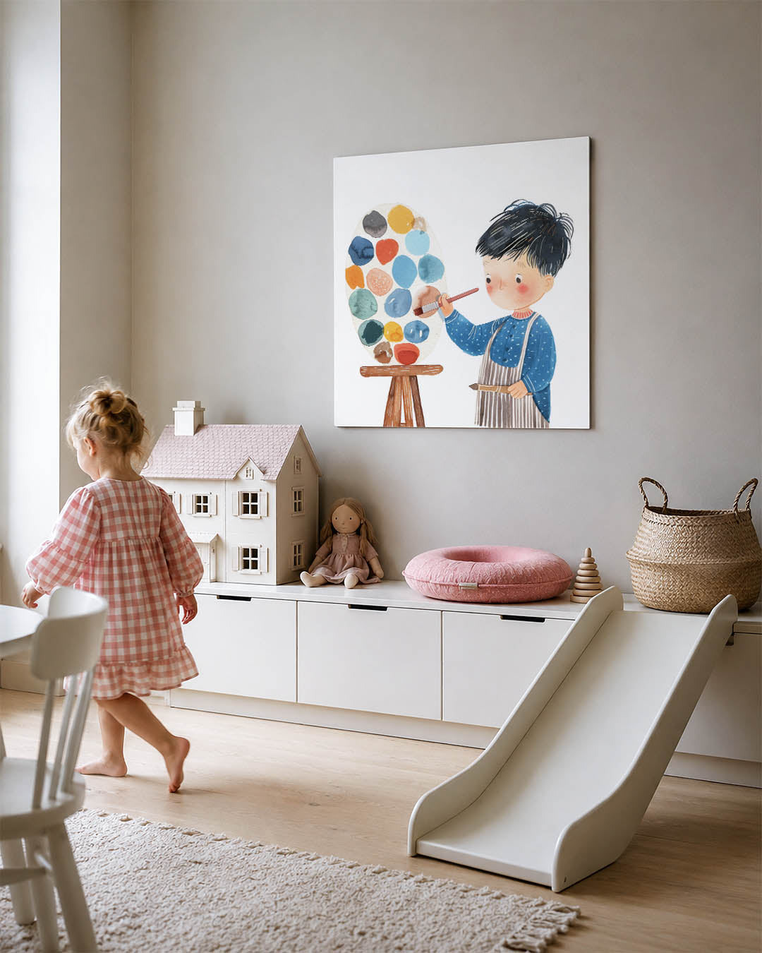 Speelse kleurenpalet kunstwerk – tweede productweergave – een kind met een penseel staat voor een groot palet vol kleurrijke