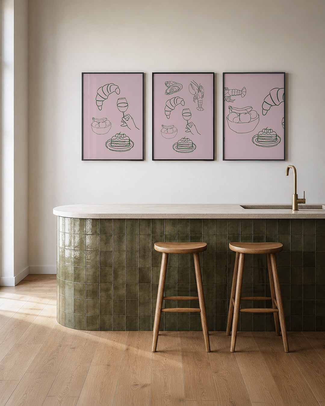 Eenvoudige lijnenspel – een speelse compositie met een croissant, fruitschaal, wijnglas en taart – weergave 2