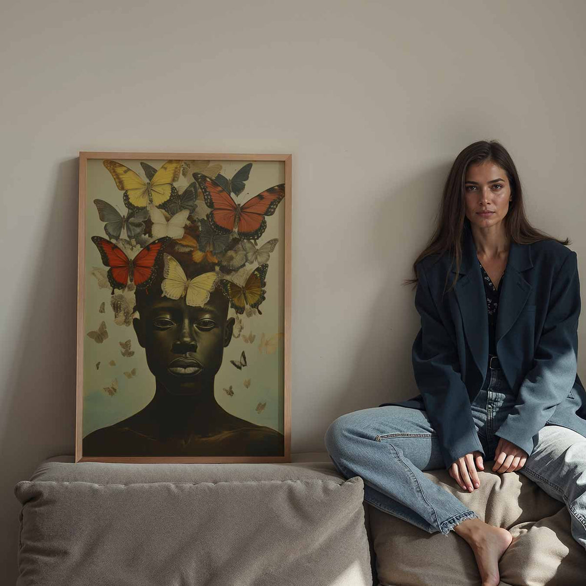 Vlinders in je Haar Kunstposter – Streetart wandkunst als portret poster