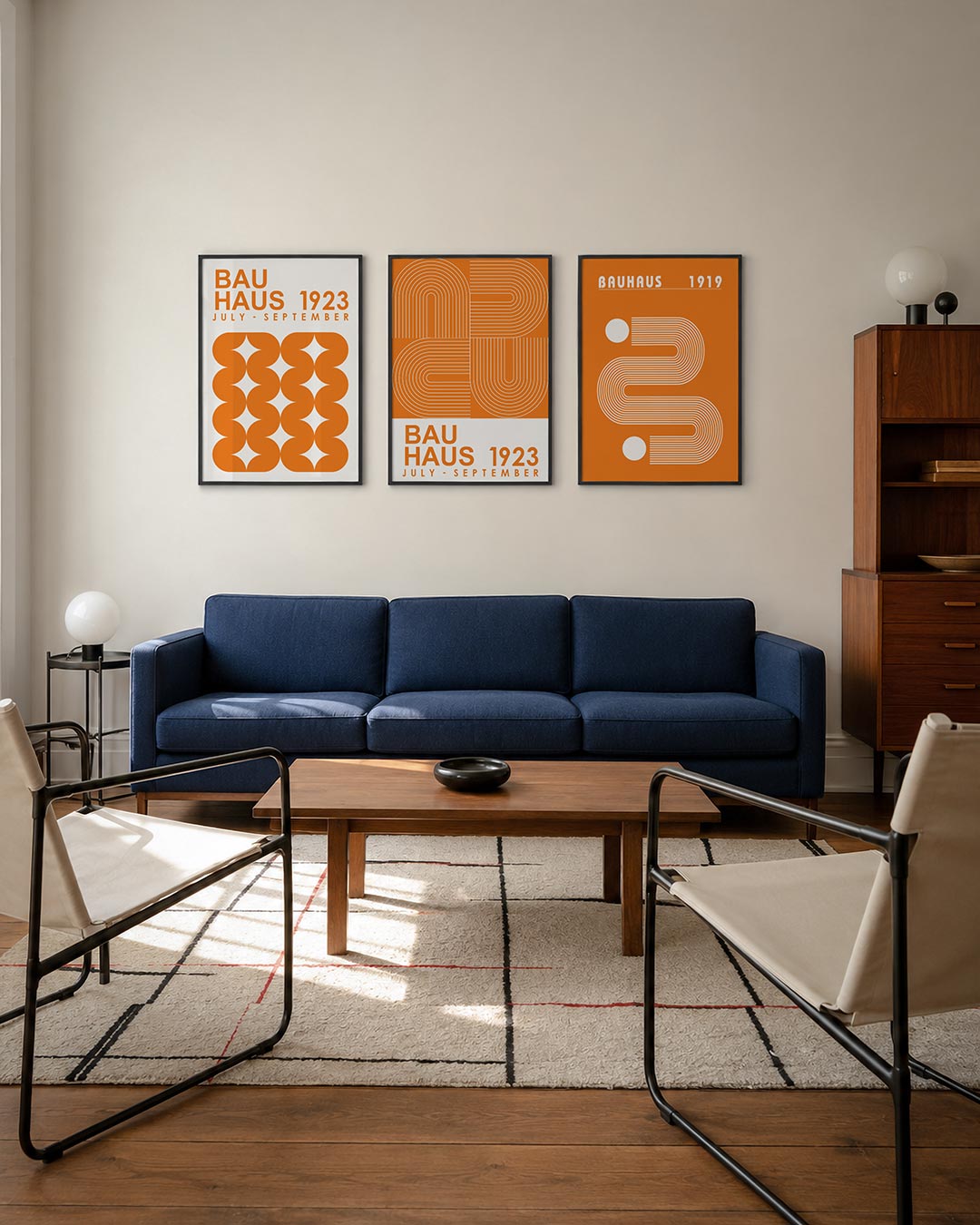 Oranje vormenspel driedelige posterset – deze posterset in drie delen toont een speelse ordening van oranje halve cirkels en