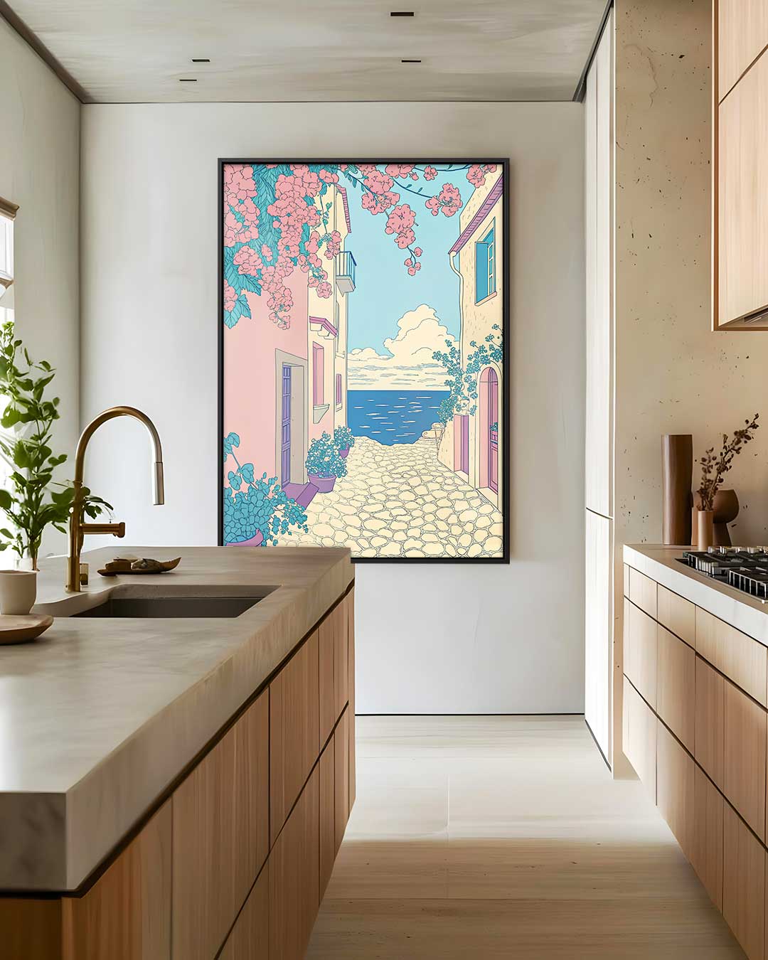 Zomerse Straat aan Zee – canvas wanddecoratie in portret formaat