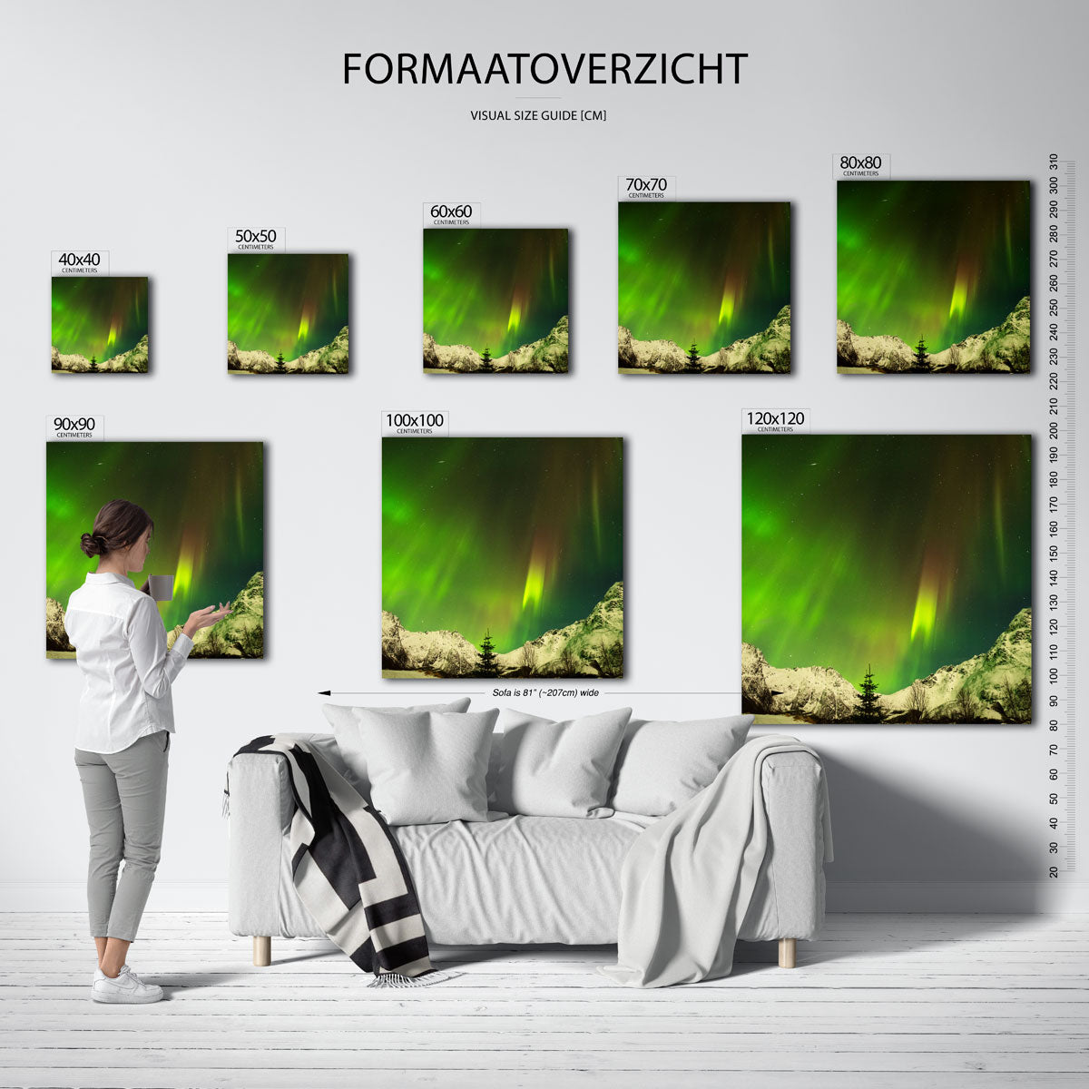 Noorderlicht boven bergen poster – sfeerbeeld – deze poster toont een adembenemend landschap met het noorderlicht dat de