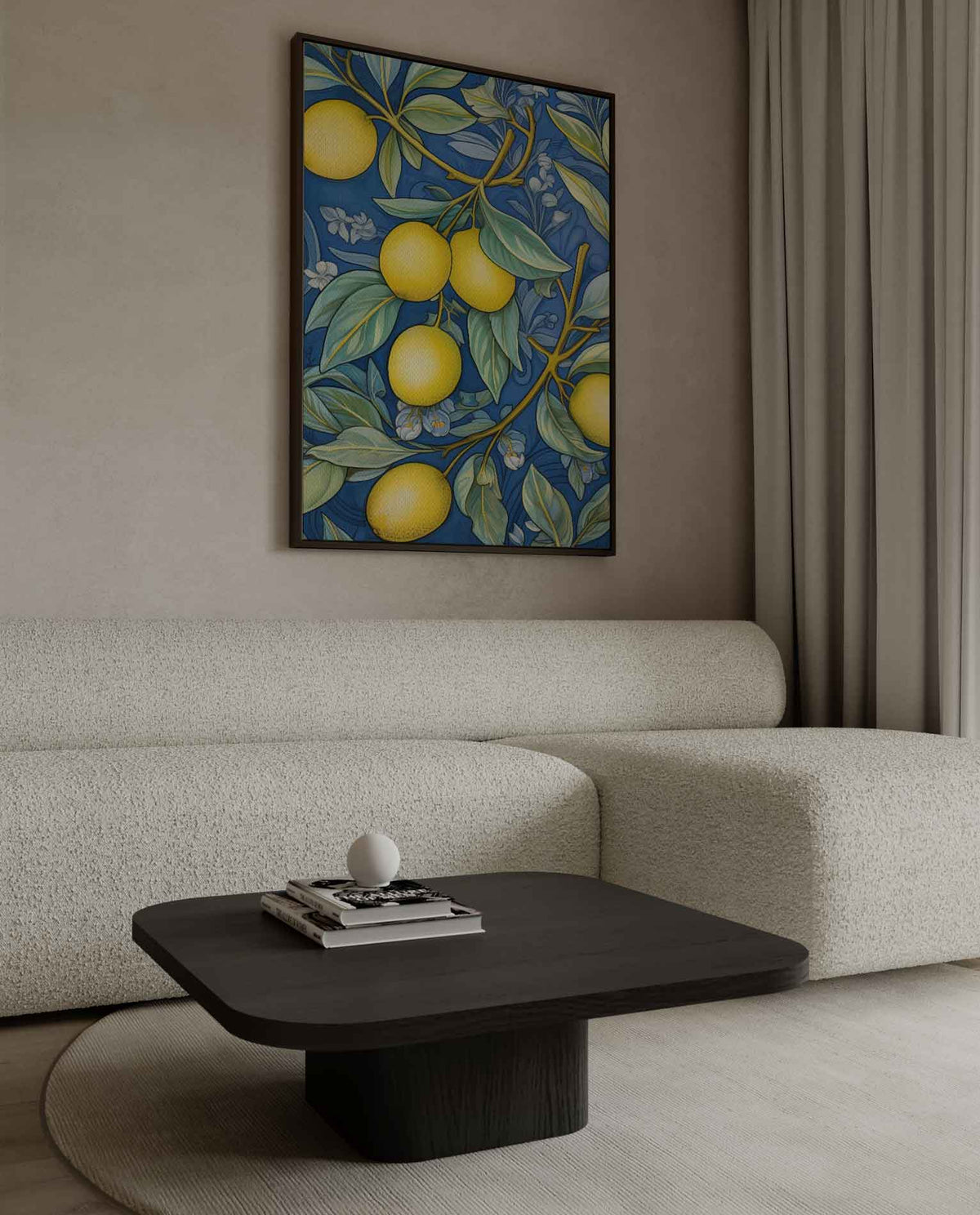 Kleurrijke Citroen Illustratie op Blauw – canvas wanddecoratie in portret formaat