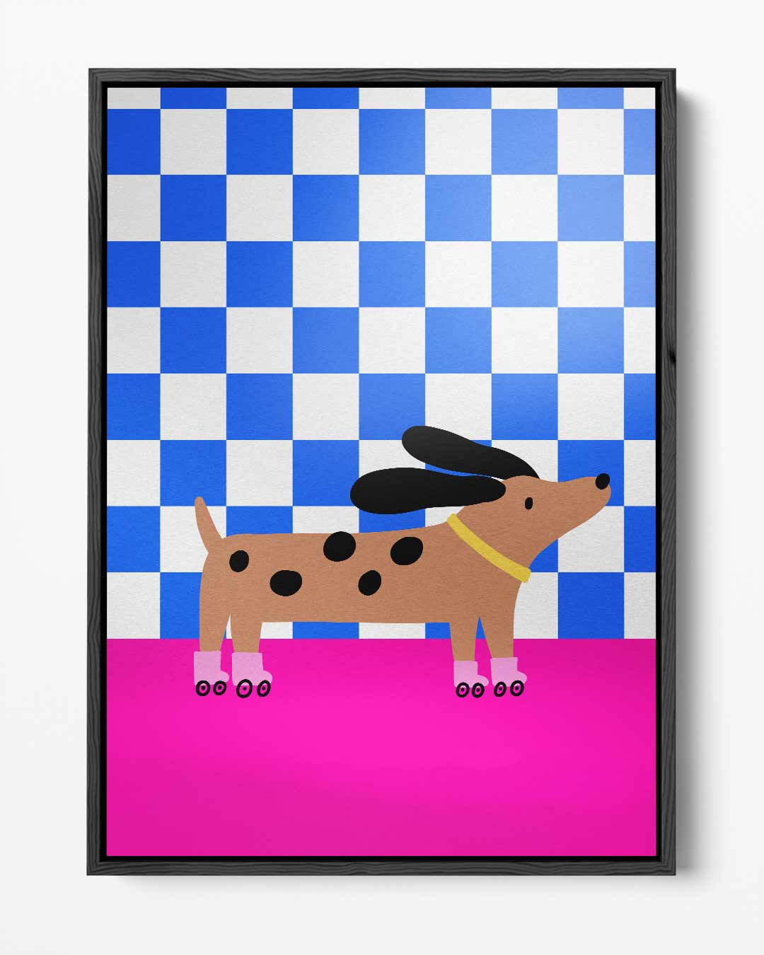 Hond op Rolschaatsen in Stijlvol Patroon – portret kunstwerk als wanddecoratie