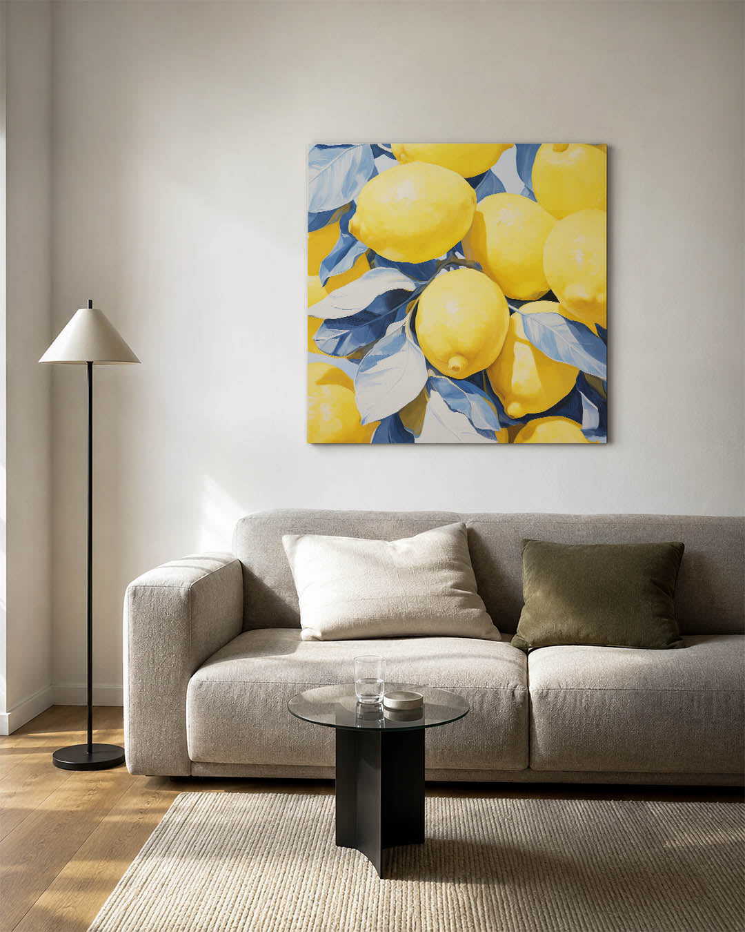 Citroenen en bladeren kunstwerk – vierkante wanddecoratie – dit werk toont levendige gele citroenen omringd door blauwachtige