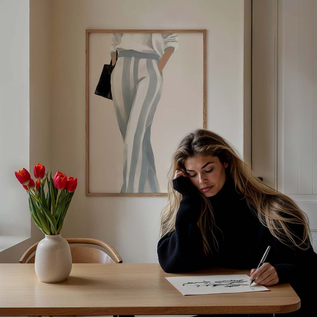 Stijlvolle Gestreepte Modeposter – staande vrouwelijke wanddecoratie van WallArtistic