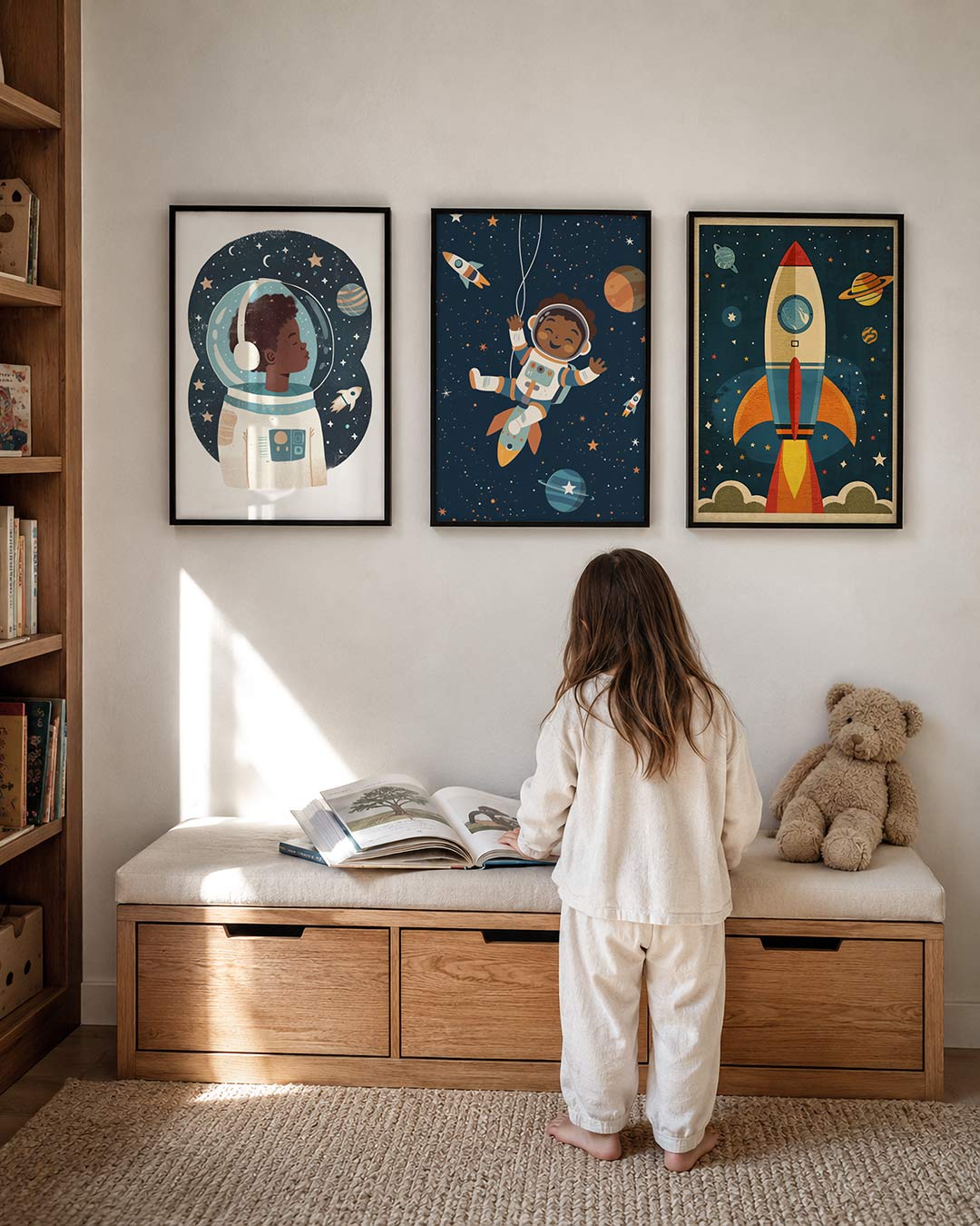 Sterren en ruimte posterset – derde productweergave – een kind in een ruimtepak zweeft tussen sterren en planeten