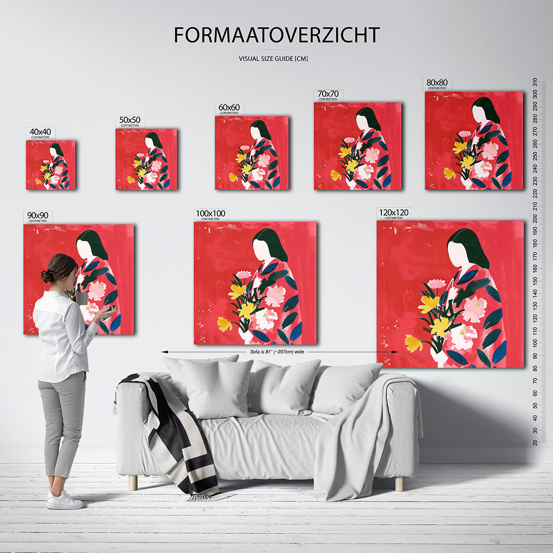 Vrouw met bloemen kunstwerk – sfeerbeeld – dit werk toont een silhouet van een vrouw met bloemen tegen een levendige
