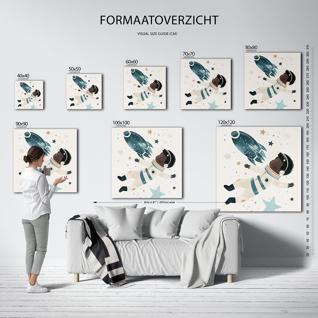 Dromerige ruimtevaart kunstwerk – sfeerbeeld – een kind in een ruimtepak zweeft tussen sterren en een raket. De zachte