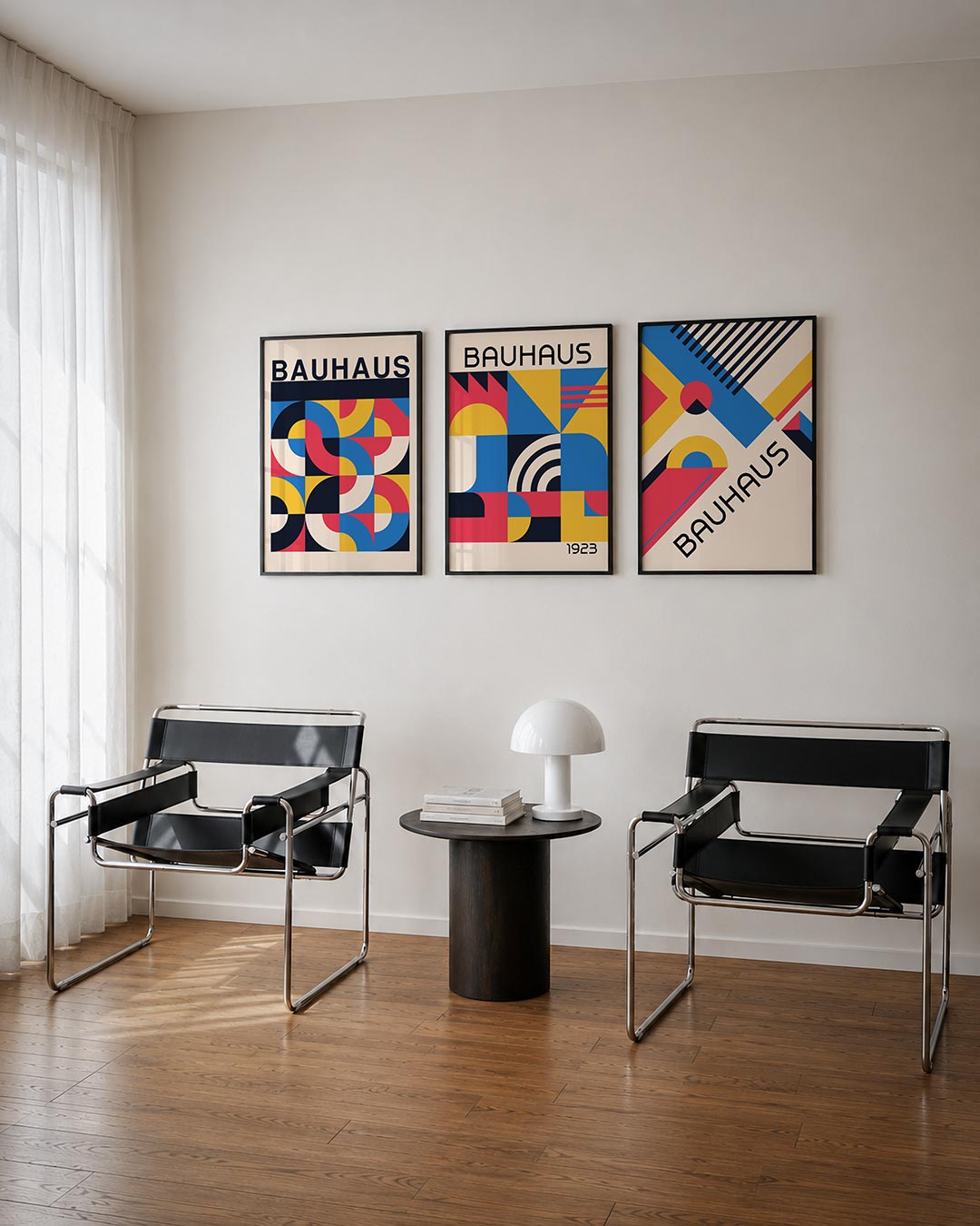 Kleurrijk vlakritme posterset – derde productweergave – deze posterset in drie delen toont een levendig spel van halve