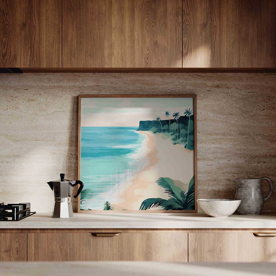 Strand met palmbomen – culinaire wandkunst als vierkante poster
