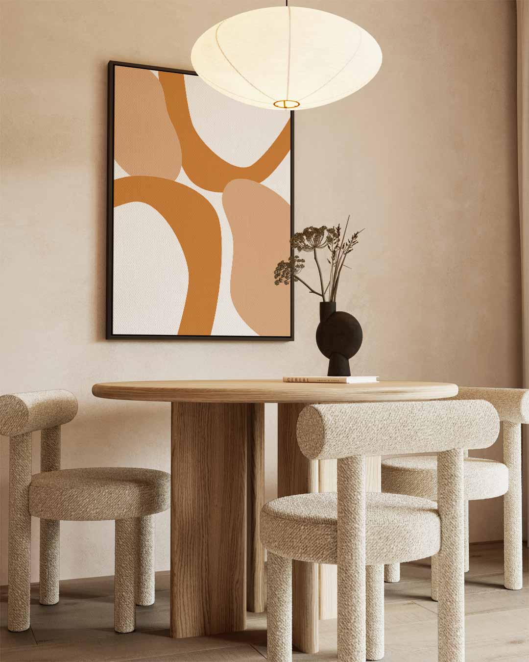 Abstracte Flow in Beige en Oranje – kunstwerk met zwarte baklijst