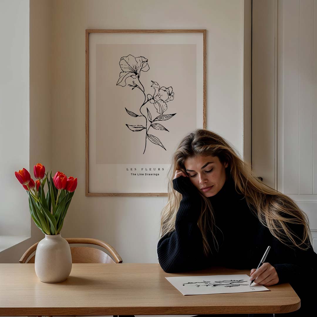 Minimalistische Bloemenlijntekening – bloemen poster in staand formaat