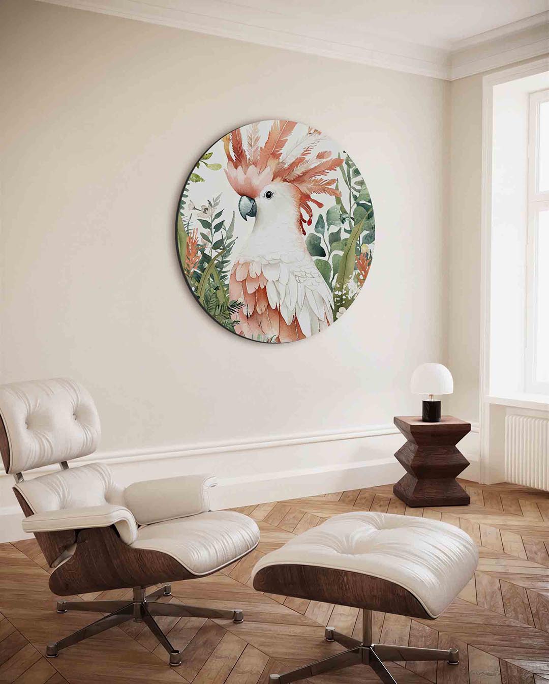 Papegaai en bladeren – kleurrijke ronde wanddecoratie van WallArtistic