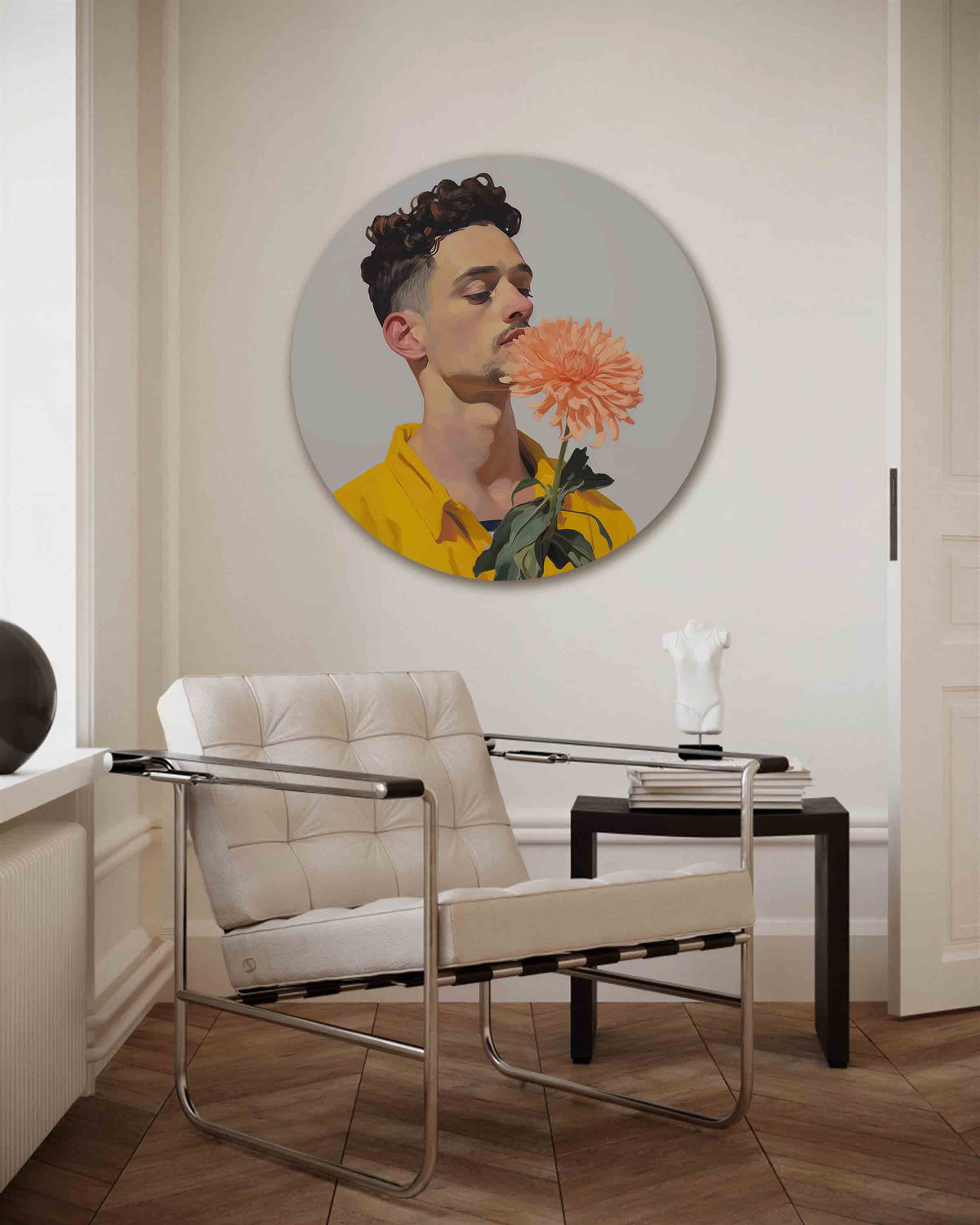 Man met bloem – kleurrijke muurcirkel als ronde wanddecoratie
