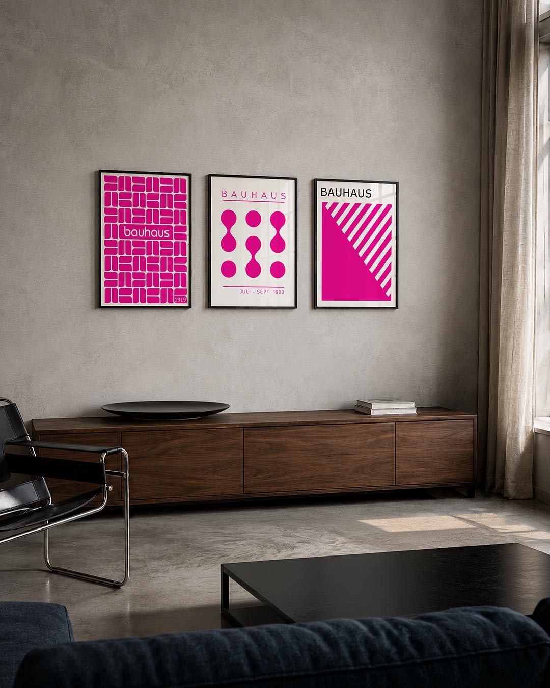 Patroon en ritme driedelige posterset – deze posterset in drie delen toont een levendig spel van roze vormen op een witte