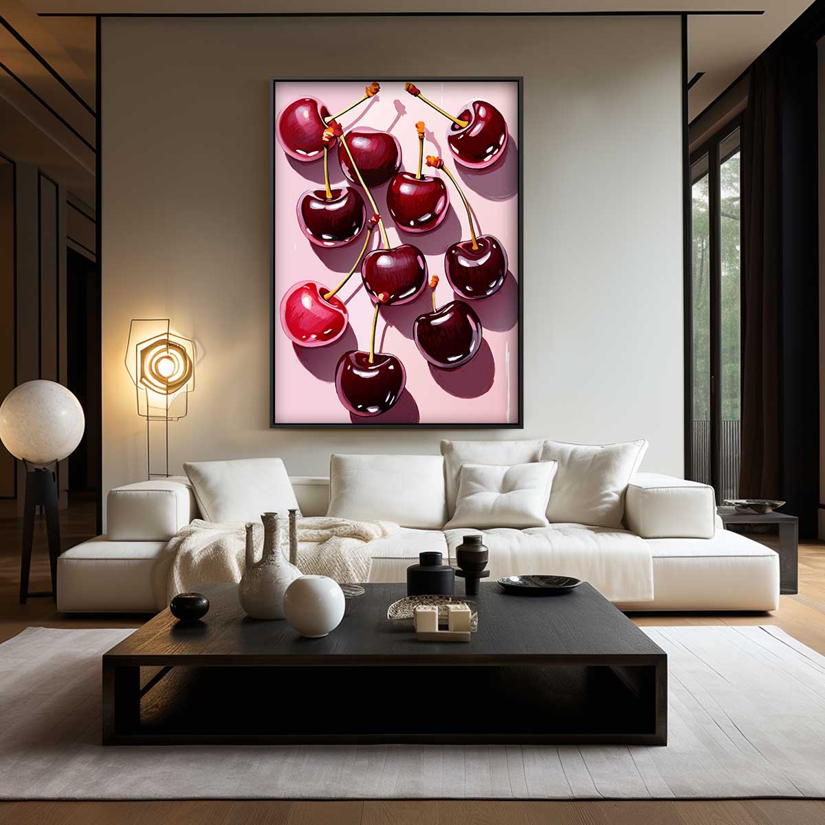 Kersenfeest op Roze Canvas – plexiglas wanddecoratie in portret formaat