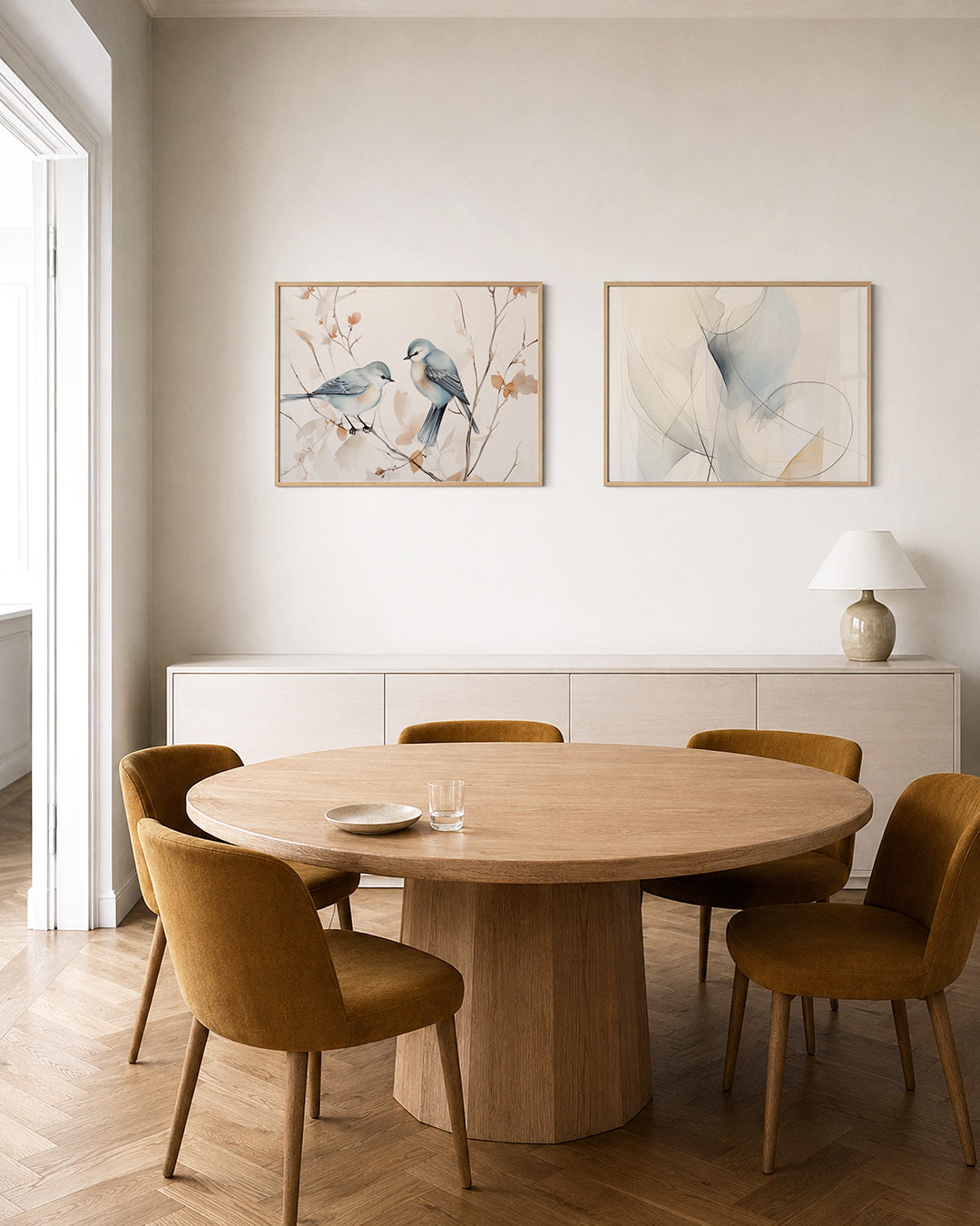 Tweedelige posterset met twee vogels op takken, omgeven door zachte bladeren, getoond in een interieur