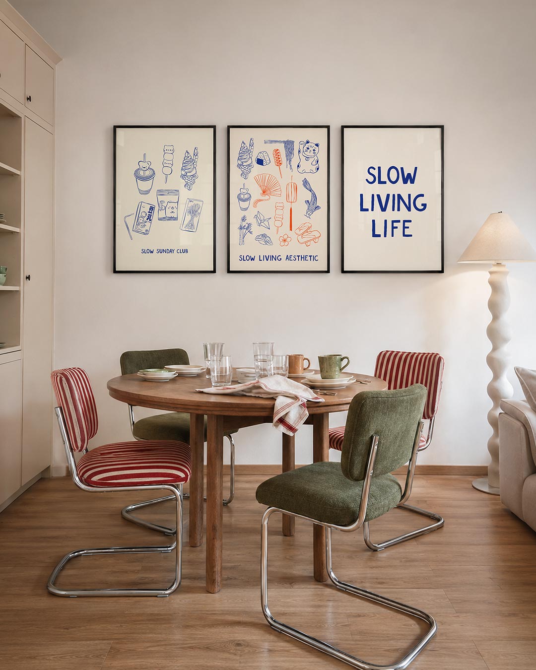 Eten en drinken driedelige posterset – deze posterset in drie delen toont speelse illustraties van