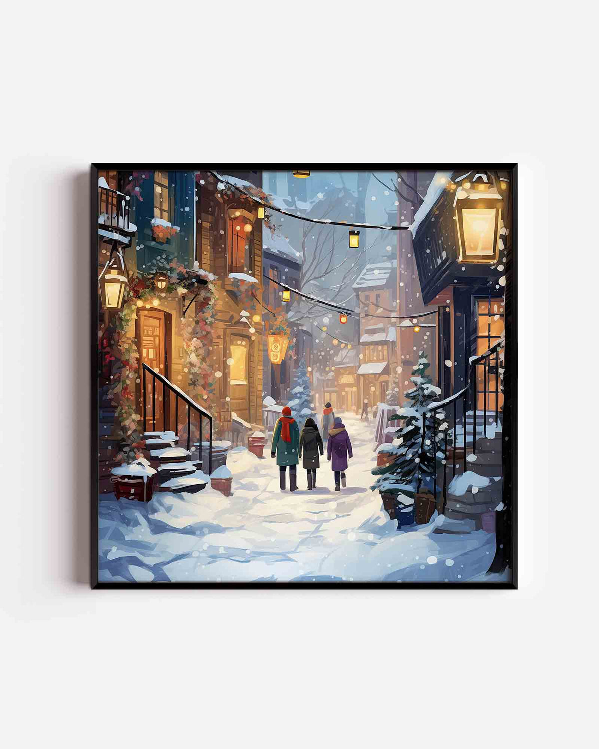 Winterse straat met sneeuw – kerst vierkante poster als wanddecoratie