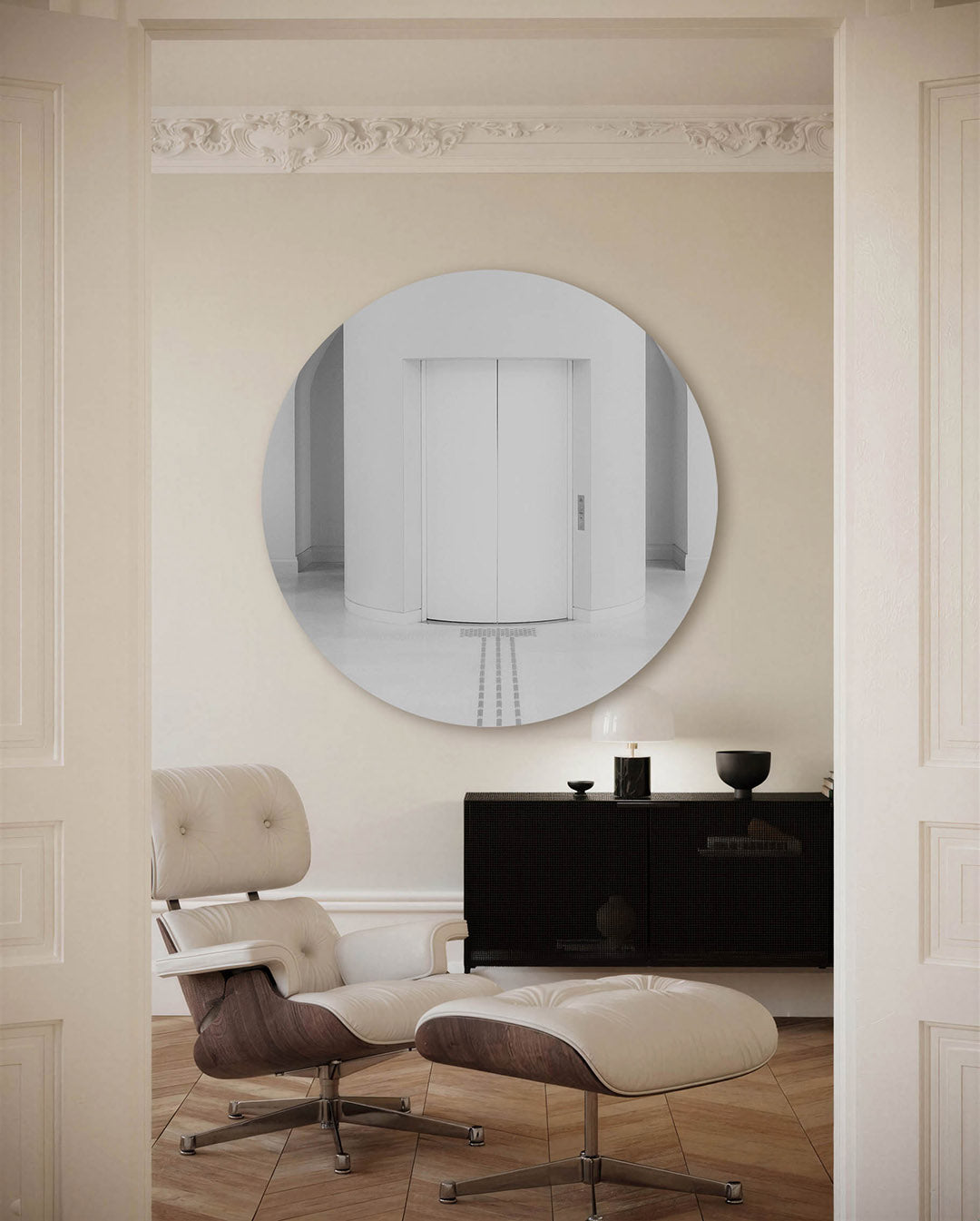 Minimalistische liftdeuren – fotografische muurcirkel voor aan de muur