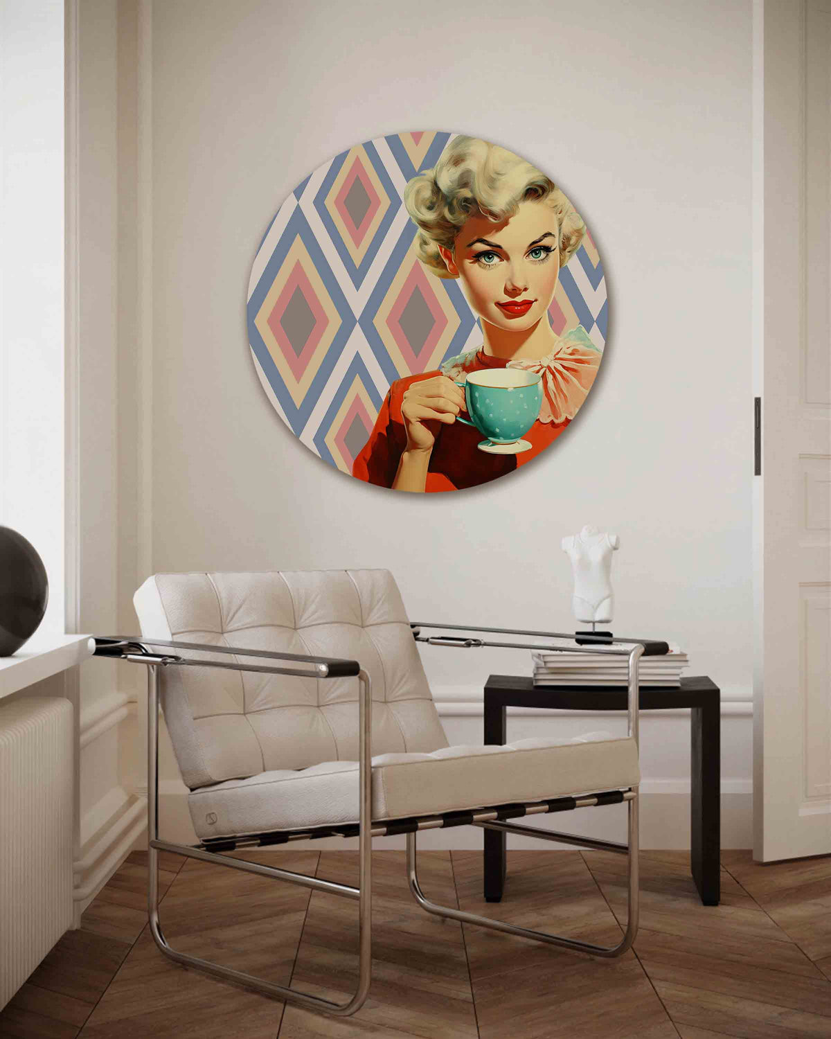 Vrouw met kopje – Pop Art muurcirkel als ronde wanddecoratie