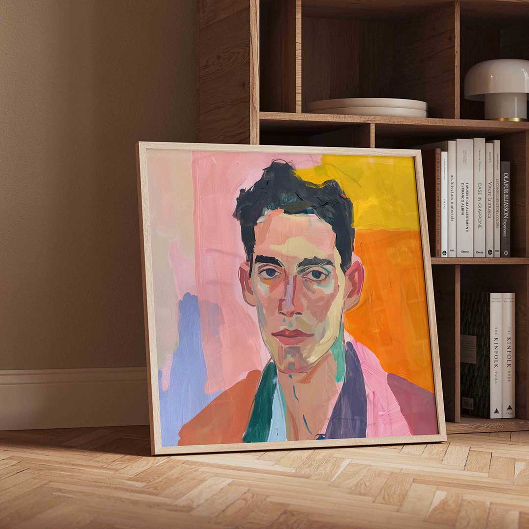 Portret met kleurrijke achtergrond – moderne wandkunst als vierkante poster