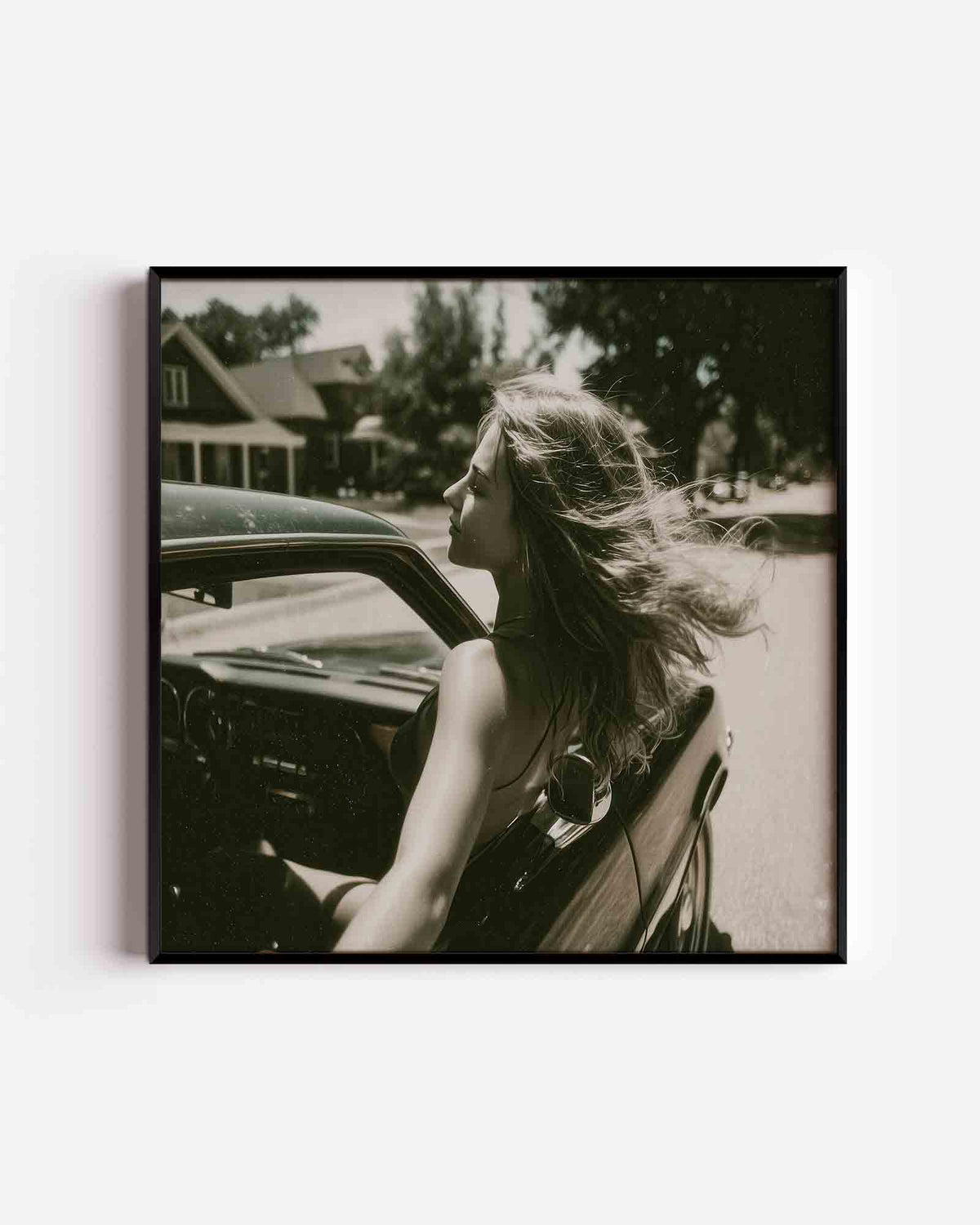 Vrouw in auto – Pop Art vierkante poster als wanddecoratie