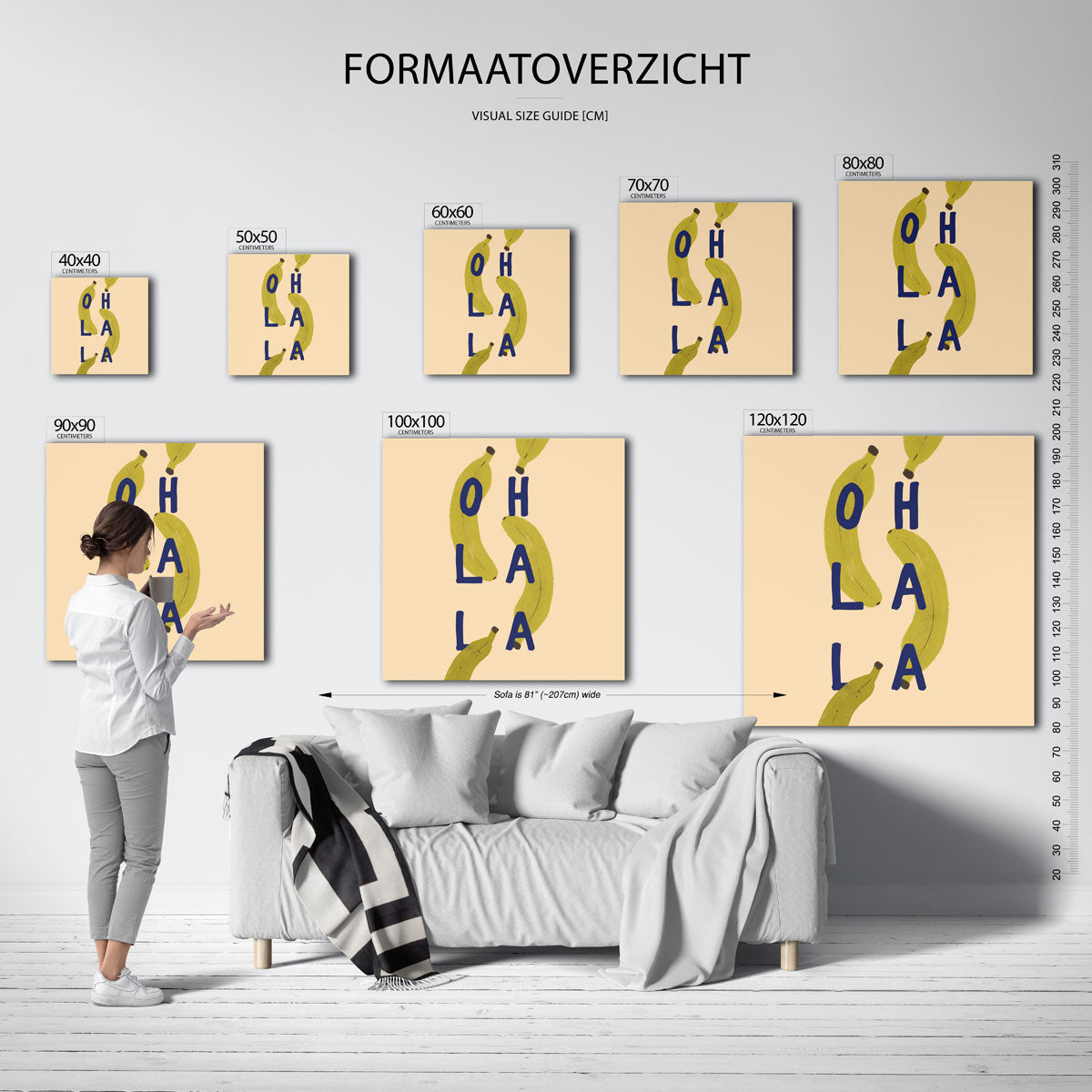 Bananen en letters – vierkante muurposter voor keuken of eethoek