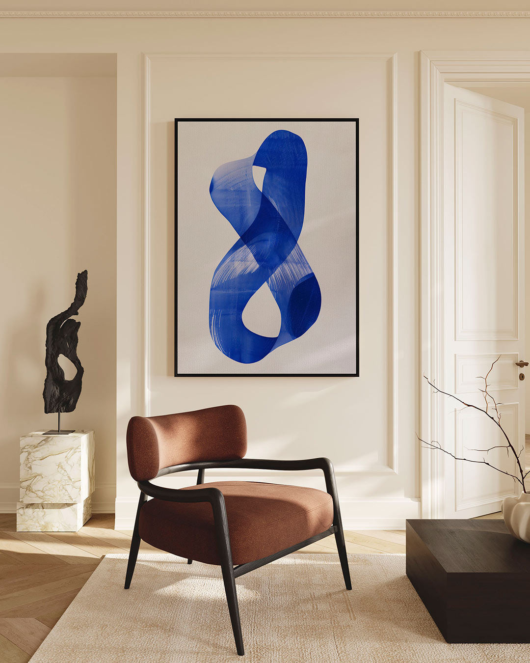 Dynamische blauwe vorm – staand wanddecoratie kunstwerk