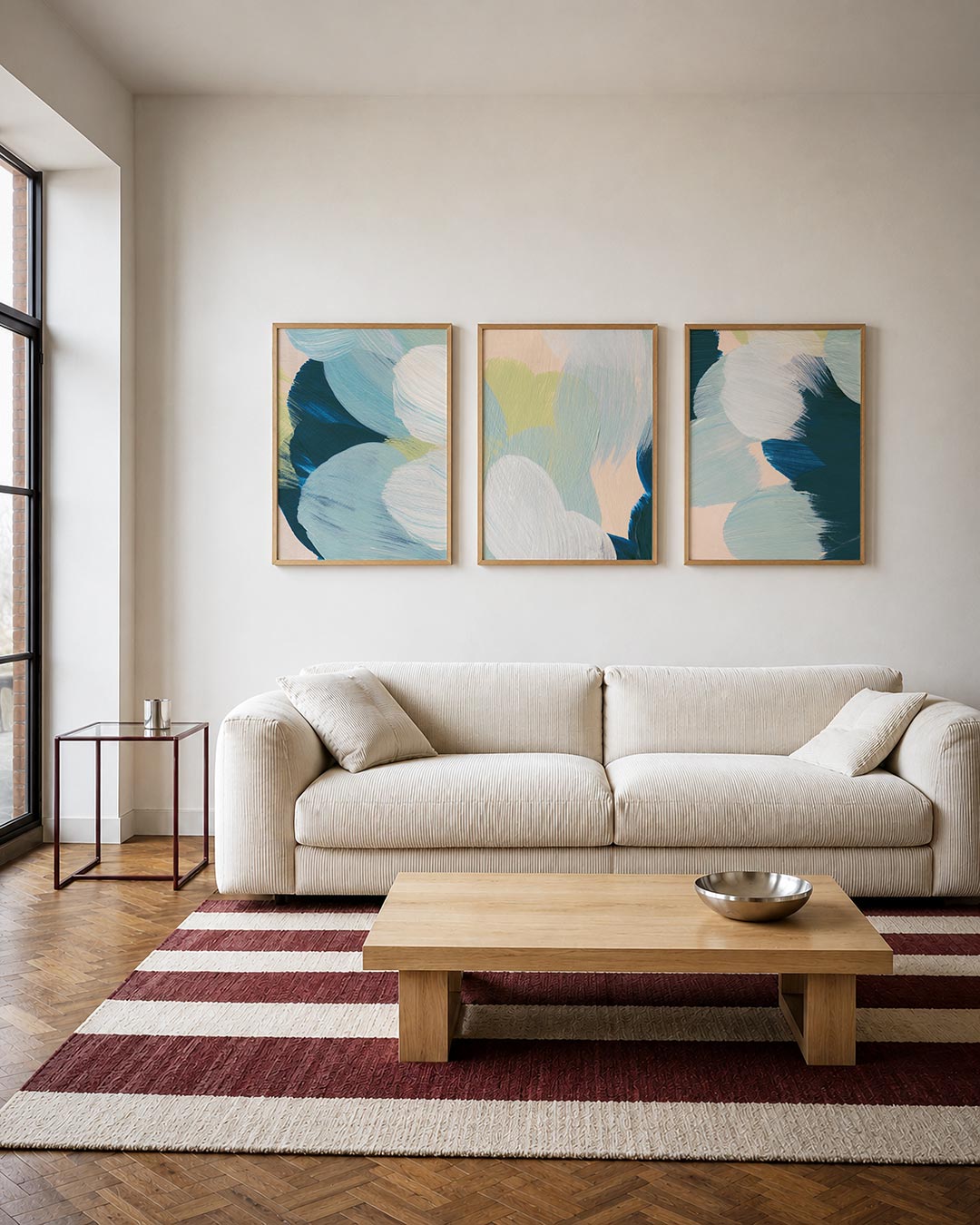 Kleurvlakken harmonie driedelige posterset – deze posterset in drie delen toont vloeiende kleurvlakken