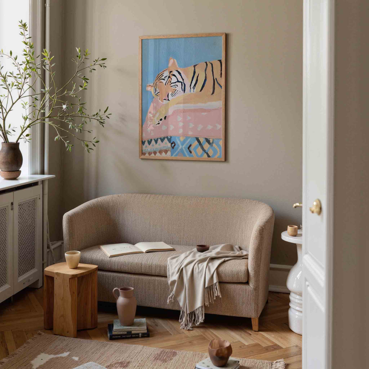Slapende tijger – pastel poster in staand formaat