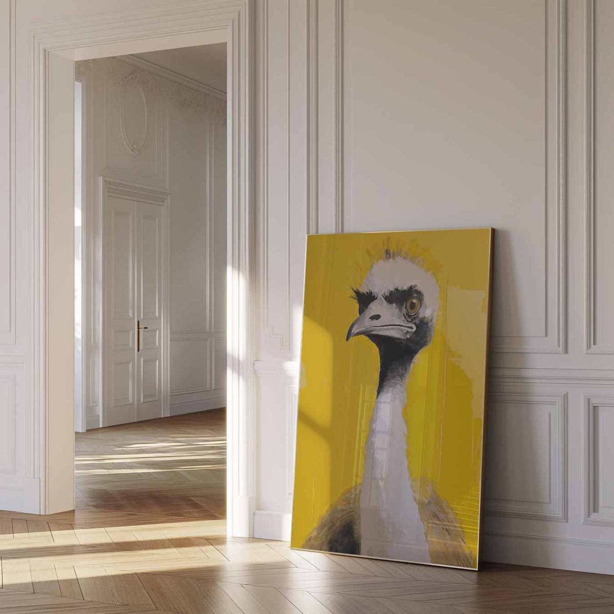 Speelse Struisvogel – dierenposter als moderne staande wanddecoratie