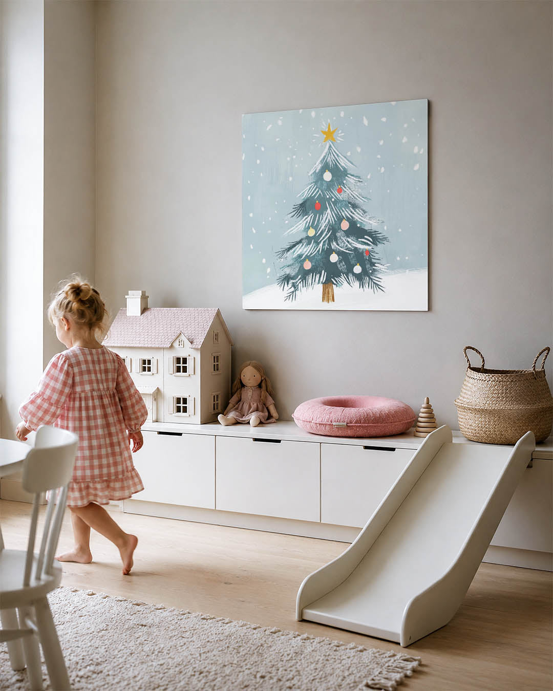 Feestelijke kerstboom illustratie kunstwerk – tweede productweergave – dit kunstwerk toont een sfeervolle kerstboom met