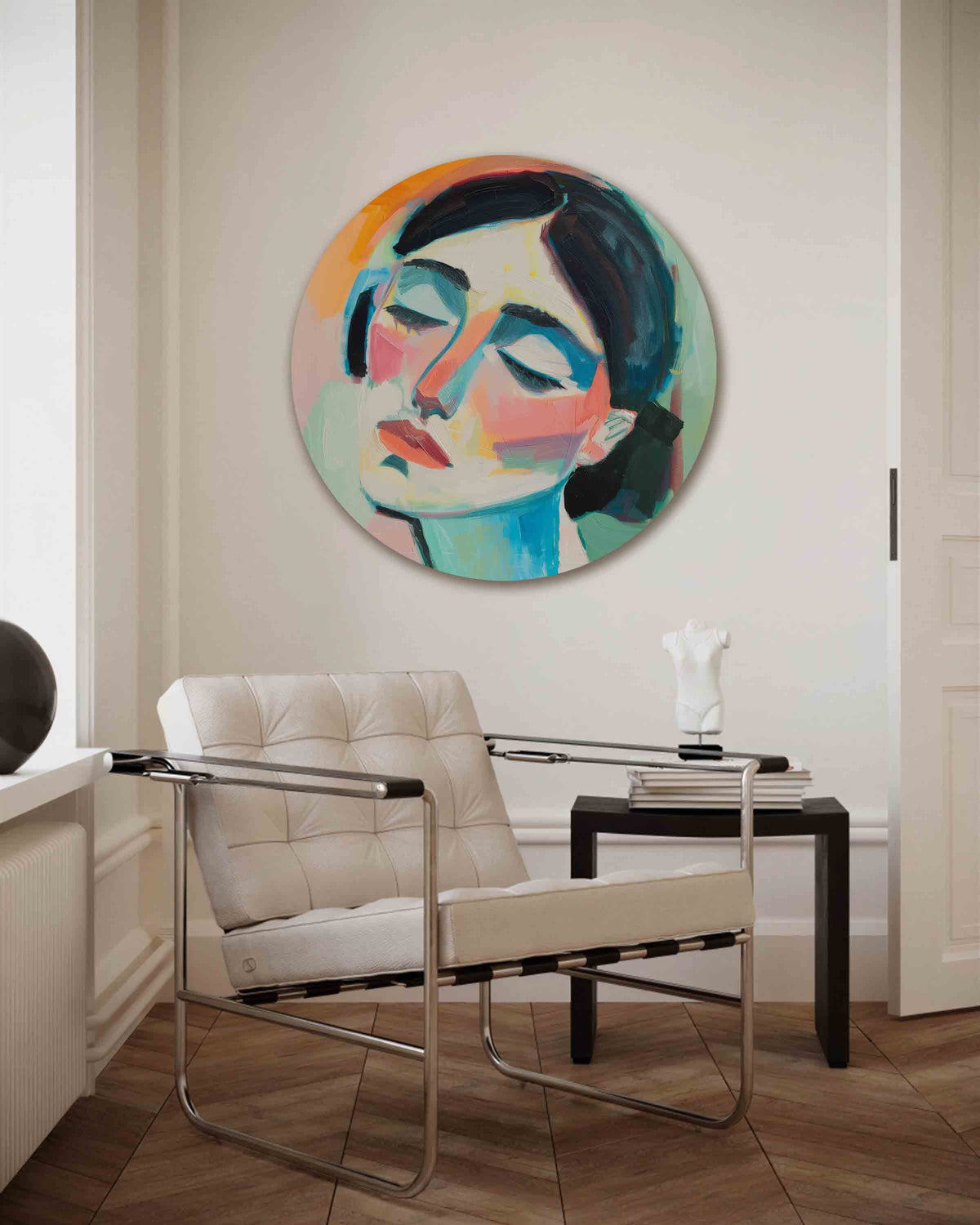 Portret met gesloten ogen – kleurrijke muurcirkel als ronde wanddecoratie