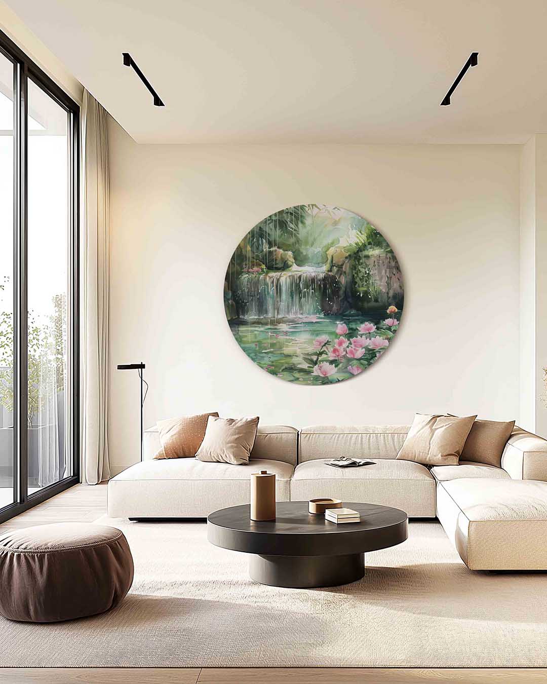 Waterval en bloemen – kleurrijke muurcirkel als ronde wanddecoratie