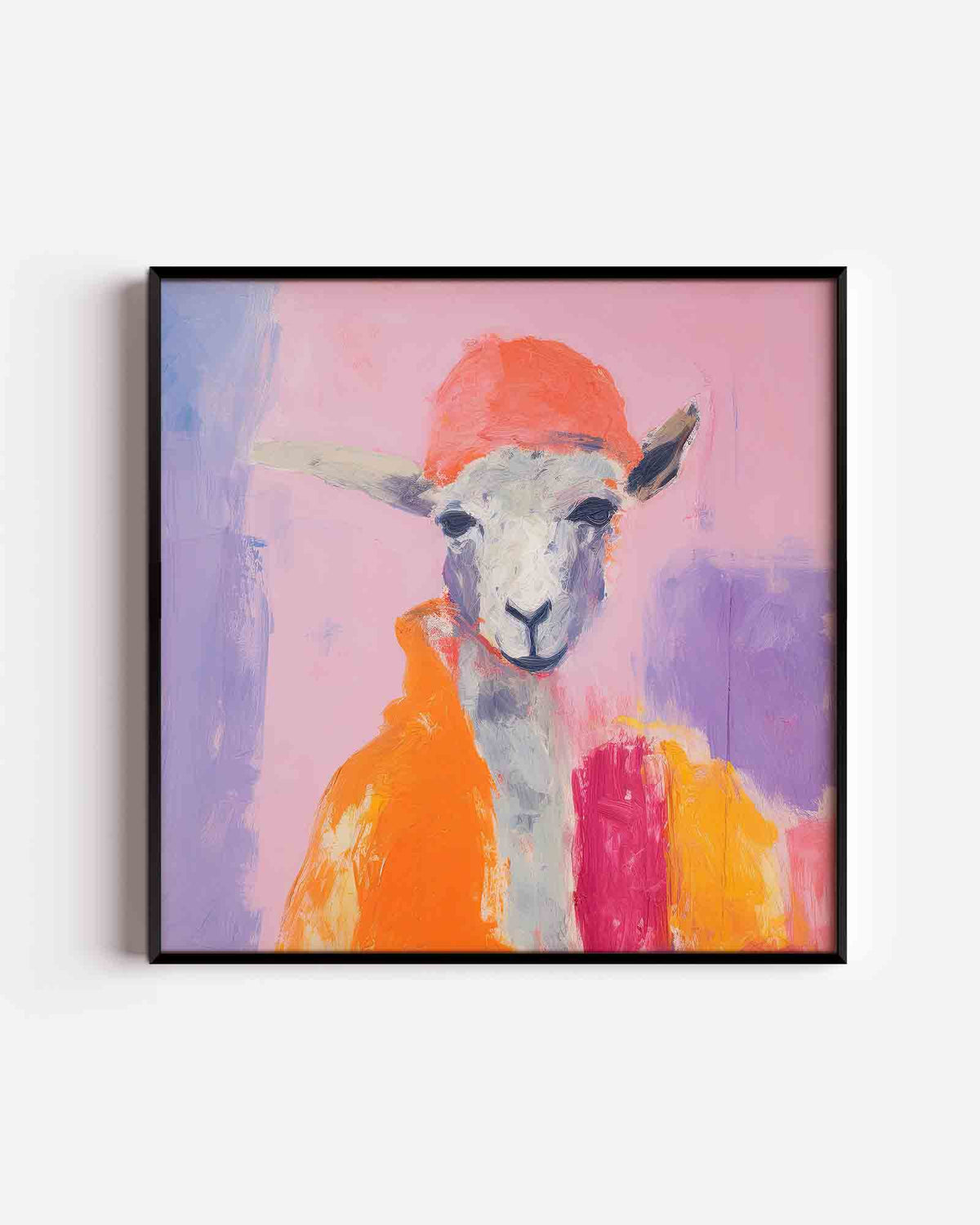 Schaap met oranje hoed – vierkante kinderposter als wanddecoratie