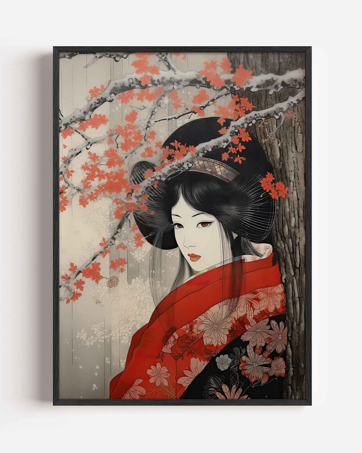Vrouw met rode kimono – Aziatische portret poster als wanddecoratie