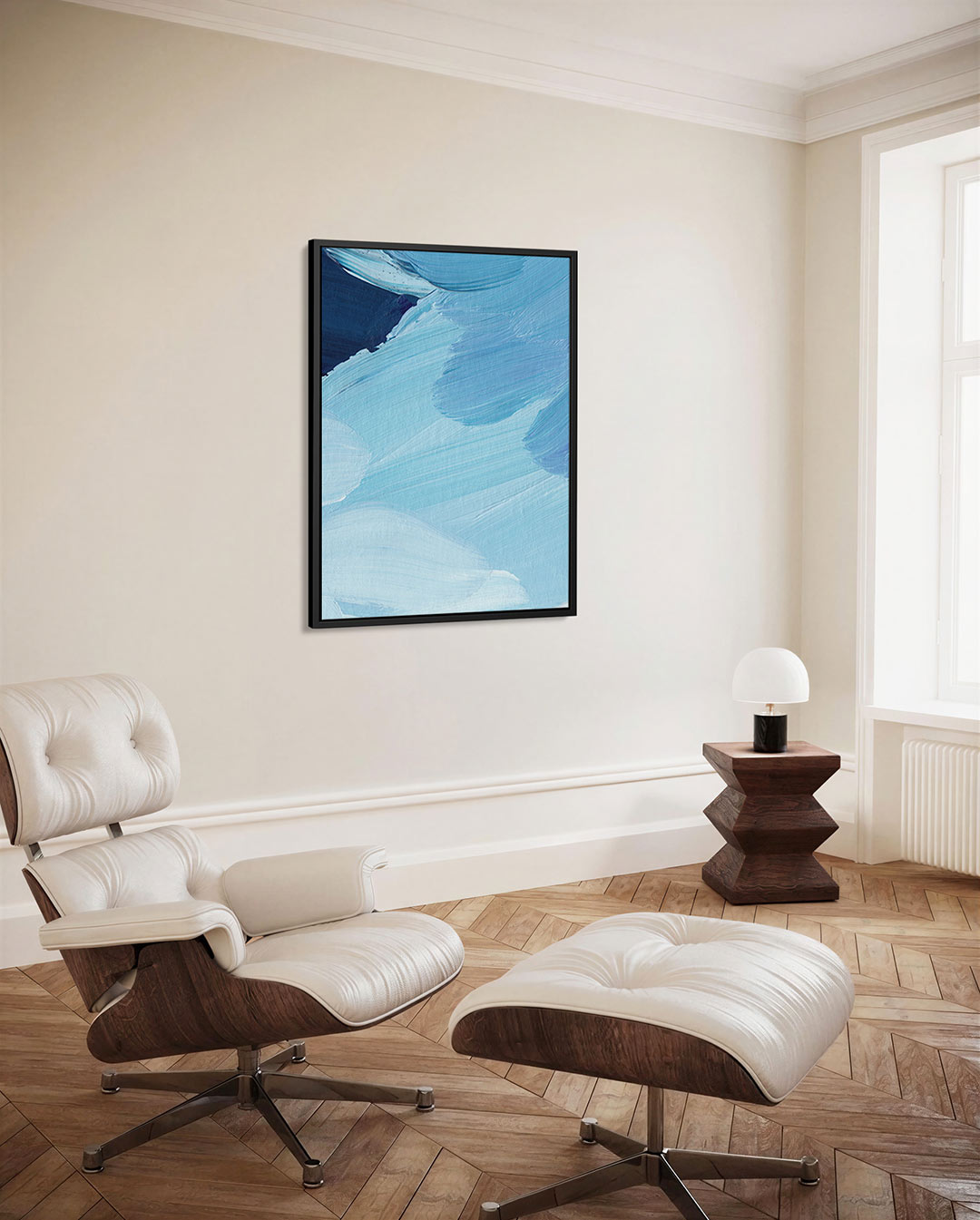 Vloeiende blauwe bewegingen – decoratief kunstwerk voor aan de muur