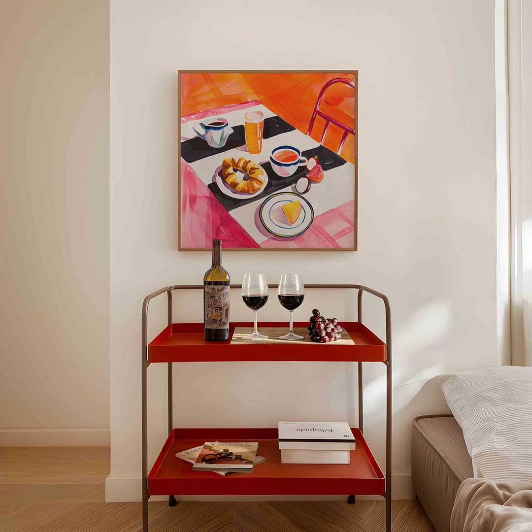 Ontbijttafel met gebak – vierkante keuken wanddecoratie van WallArtistic